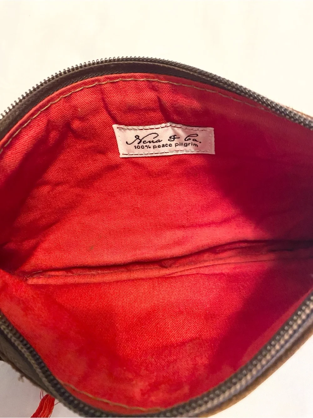 Nena & Co Peace Pilgrim Pouch Leather Artisan Textile Bag Clutch Wristlet